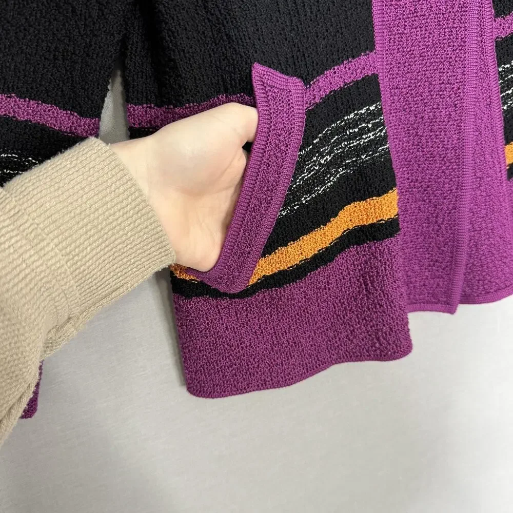 Missoni Sweater Womens 8‎ Black Purple Striped Cardigan Pockets Made in Italy